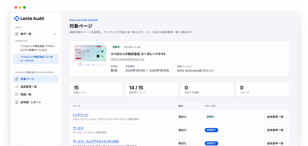 Lente Auditの対象ページと達成基準一覧の画面